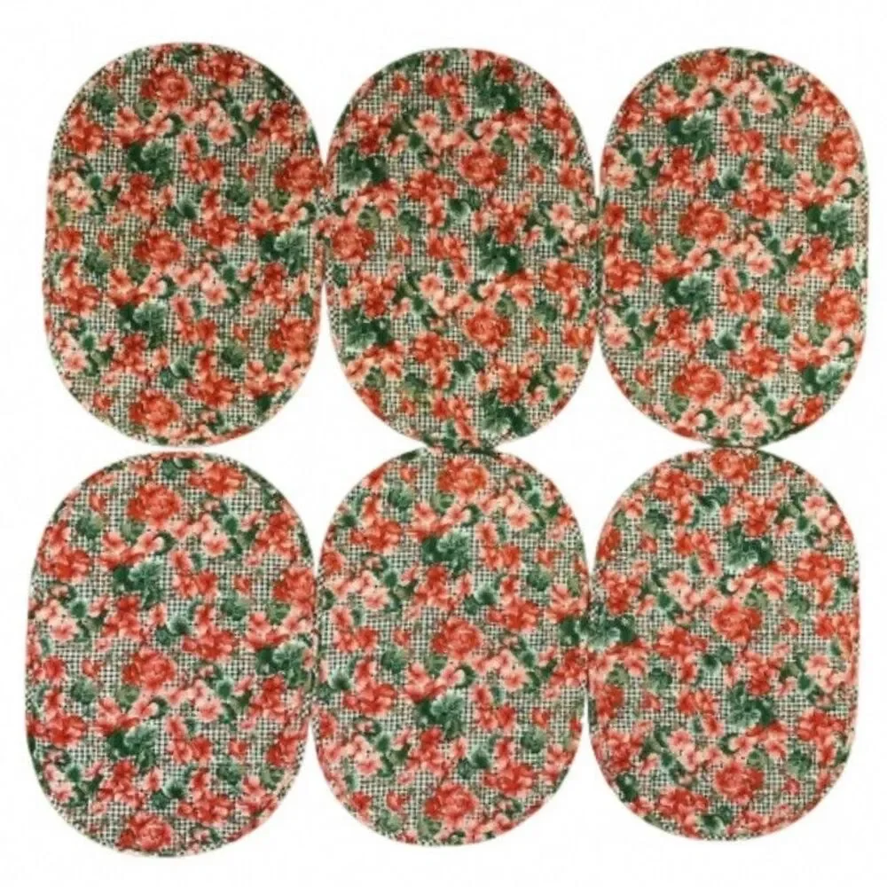 Set of 6 Vintage Floral Quilted Placemats Gingham Check Hibiscus Red Pink Oval